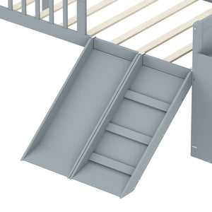 English Elm Twin Platform Kids Bed with Slide Ladder Guardrails Storage Shelf Wood Frame Gray N733S415411E