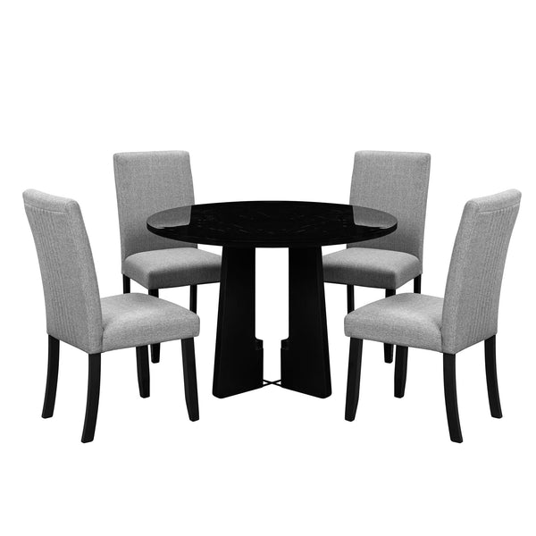 English Elm 5-Piece Round Dining Set with 43" Modern MDF Table and 4 Upholstered Fabric Chairs for Compact Spaces Grey+Black N752S001055B