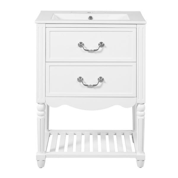 English Elm 24'' Vintage Bathroom Vanity with Ceramic Sink Soft Close Drawers Open Shelf White N710P411237K