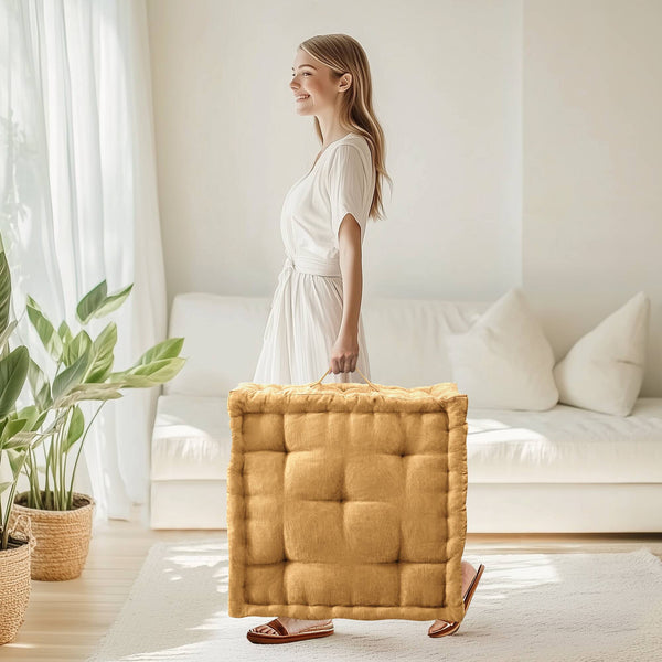 English Elm 1- Piece Tufted Chenille Floor Cushion with Scalloped Edge for Bohemian Living Spaces Yellow B035P482972