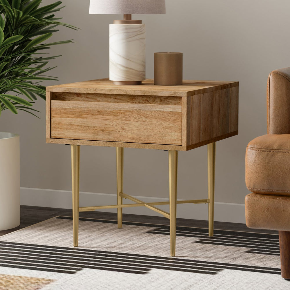 English Elm Fallon Mango Wood End Table with Gold Iron Base and Storage Drawer for Living Room B136P420290