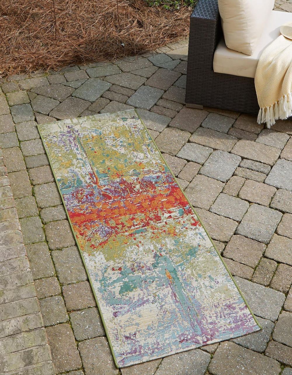 Unique Loom Outdoor Modern Crumpled Machine Made Abstract Rug Multi, Gold/Green/Navy Blue/Orange/Red/Beige/Blue/Brown/Cream 2' 7" x 10' 0"