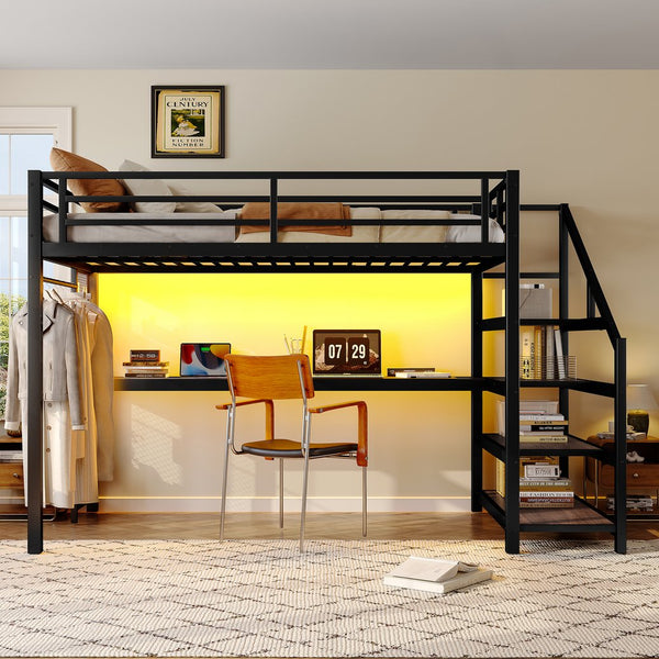 English Elm Twin Xl Metal Loft Bed with Stair Storage Shelves Sturdy Steel Frame for Dorms W1580S00481