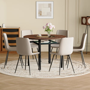 English Elm Table Set 42 Inch Round Wood Grain Glass Inlay with Six Tech-fabric Dining Chairs Brown+Black,Light Gray W1151S04484