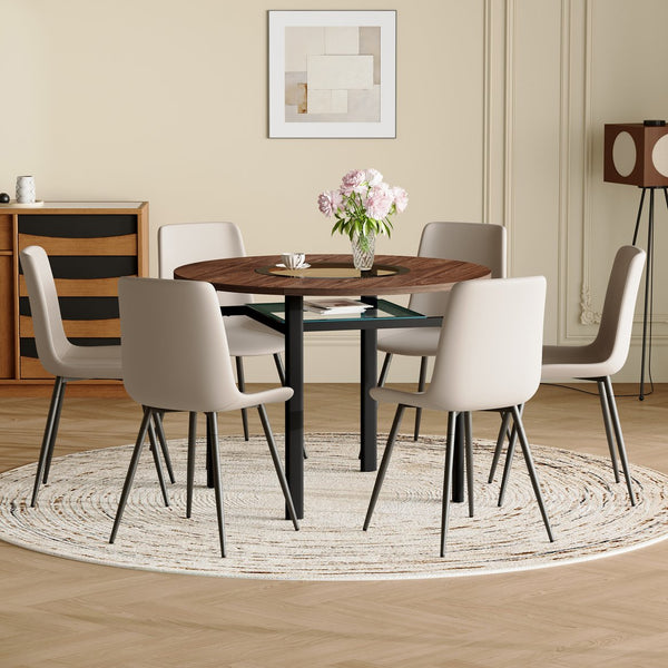 English Elm Table Set 42 Inch Round Wood Grain Glass Inlay with Six Tech-fabric Dining Chairs Brown+Black,Light Gray W1151S04484