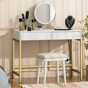 English Elm 40" Charging Station Desk with Built-In Outlets & USBs, 2 Drawers, Waterproof MDF, Compact Elegance White+Gold T3771P370790