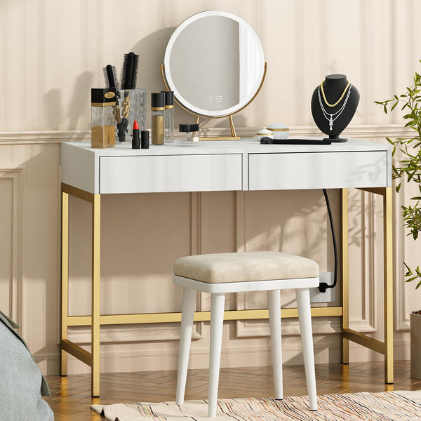 English Elm 40" Charging Station Desk with Built-In Outlets & USBs, 2 Drawers, Waterproof MDF, Compact Elegance White+Gold T3771P370790