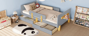 English Elm Twin Low Profile Kids Floor Bed Pine Wood Frame with Safety Rail and Built in Bookshelf Gray W1580P373243