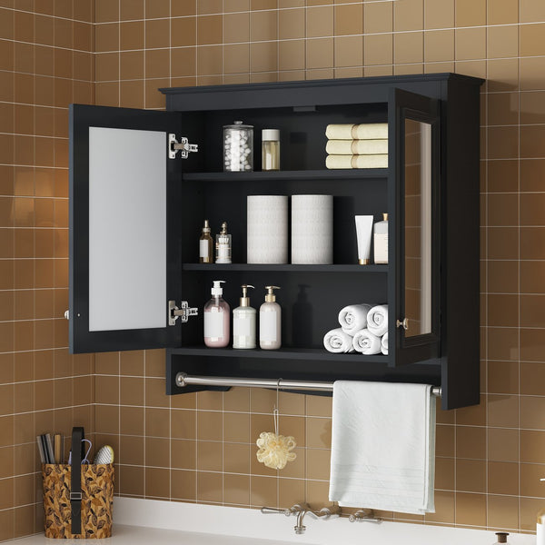 English Elm 3-in-1 Wall Mounted Medicine Cabinet with Soft Close Door Adjustable Shelves and Towel Bar Black N710P405415B