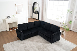 English Elm Sectional Corduroy Sleeper Sofa with Storage and Charging Ports for Small Spaces Black W1361S00078