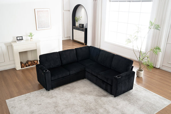 English Elm Sectional Corduroy Sleeper Sofa with Storage and Charging Ports for Small Spaces Black W1361S00078