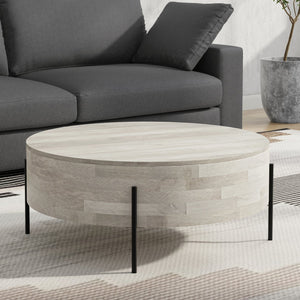 English Elm Rayburn Round Solid Mango Wood Cocktail Table with Matte Black Legs for Living Room White B136P429079