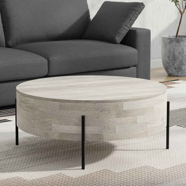 English Elm Rayburn Round Solid Mango Wood Cocktail Table with Matte Black Legs for Living Room White B136P429079