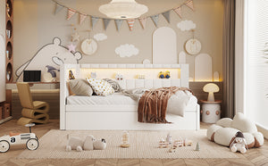 English Elm Upholstered Twin Platform Bed with Trundle, Linen Backrest, Built-In USB Ports & LED Accent Lighting White DL001919AAK