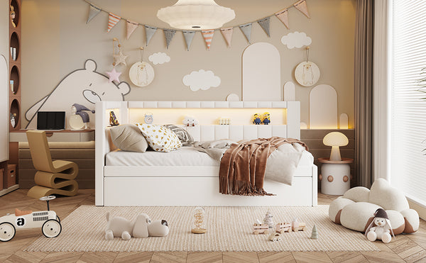 English Elm Upholstered Twin Platform Bed with Trundle, Linen Backrest, Built-In USB Ports & LED Accent Lighting White DL001919AAK