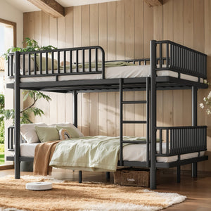 English Elm Queen Over Metal Bunk Bed Convertible Platform Frame with Safety Guardrails Black W5305S00063