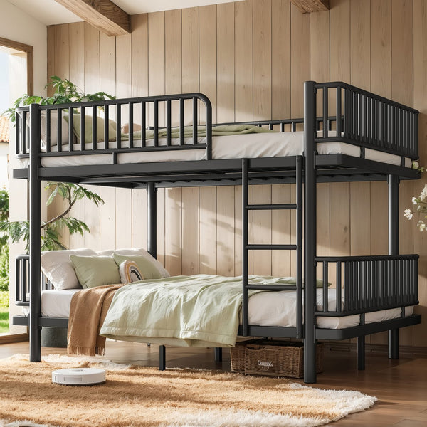 English Elm Queen Over Metal Bunk Bed Convertible Platform Frame with Safety Guardrails Black W5305S00063