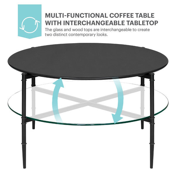 JLA Home Martha Stewart - Round Matte Black Coffee Table with Interchangeable Wood & Tempered Glass Tops, Lower Shelf Elegance MT120-1189