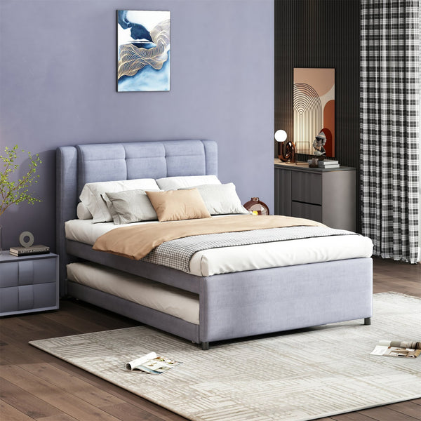 English Elm Full Size Upholstered Platform Bed With Versatile Trundle - Modern Gray Design For Comfort & Style DL001678AAE
