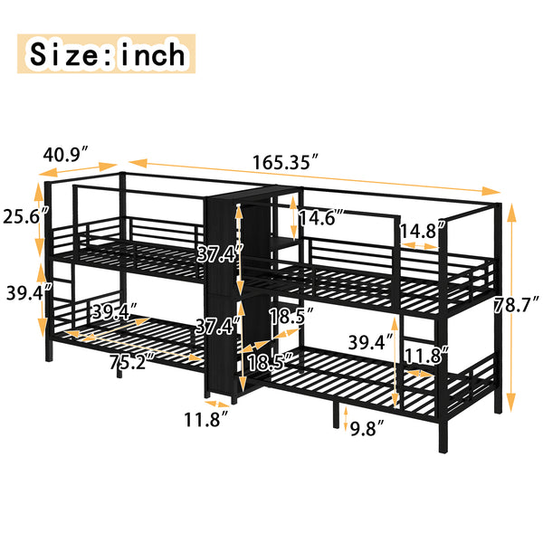 English Elm Twin Quadruple Metal Bunk Bed with Central Closet, Shelves & Wardrobe for Space-Saving Dormitory Living Black W1580S00154