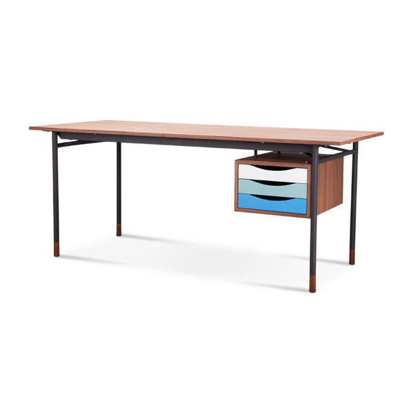 English Elm Finn Nyhavn Desk Blue Variant — Elegant Solid Walnut & Lacquered Drawers with Black Stainless Legs, Compact 31" x 18" x 34" B353S00003