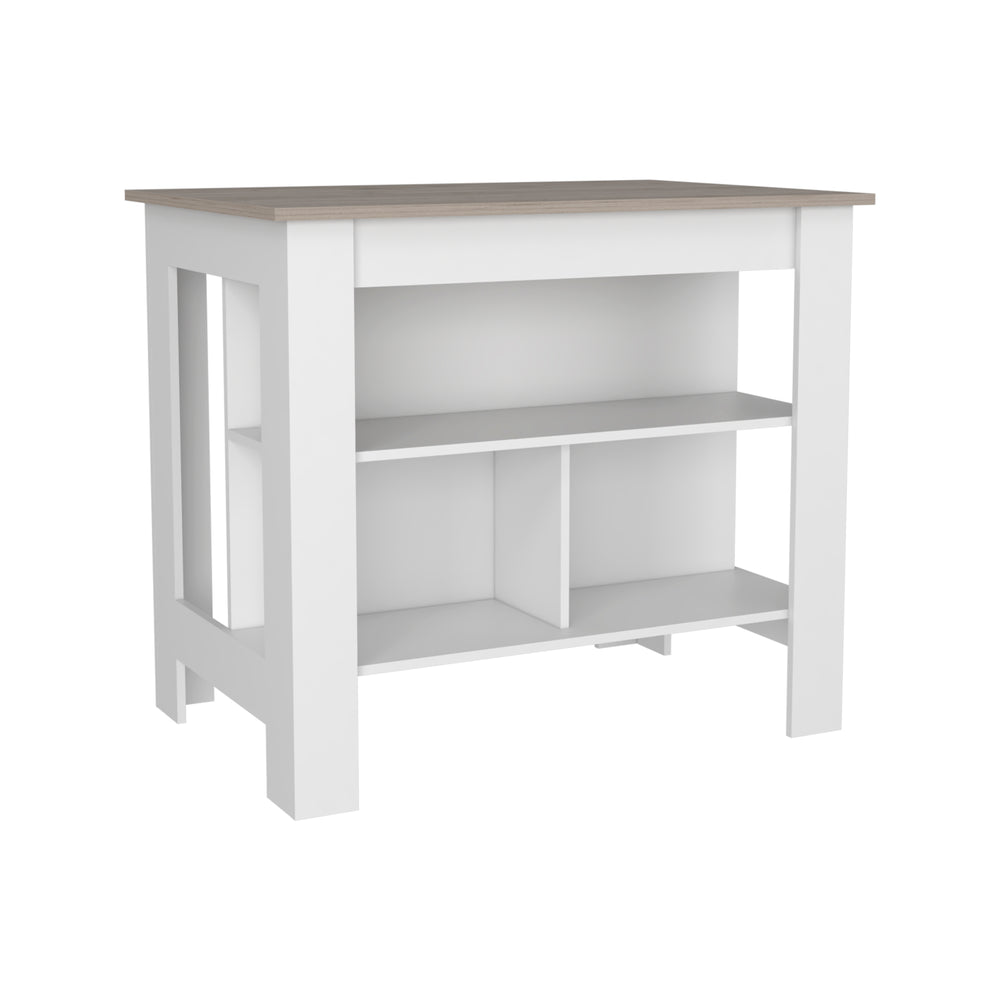 English Elm Cala Kitchen island with wide prep top, stool-friendly legroom and three open shelves for storage and organization Multicolor 44.5 L x 31.5 W x 4.7 H B20092013