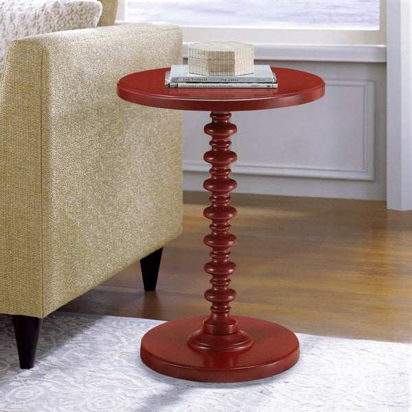 English Elm Red Round Wooden Side Table with Turned Pedestal Base, Intricate Detailing, Compact 22.5"H Surface B062P186403
