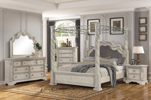 English Elm Gray Upholstered Canopy King Bed Carved Posts Nailhead Trim Grand Bedroom B2699S00119