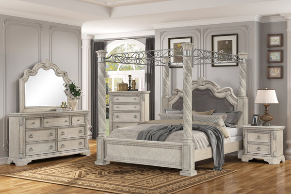 English Elm Gray Upholstered Canopy King Bed Carved Posts Nailhead Trim Grand Bedroom B2699S00119