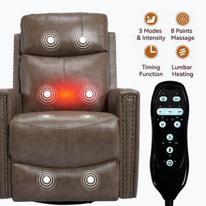 English Elm Camel Genuine Leather Massage Rocker Swivel Recliner with Heat and Lumbar Relief W1803P323716