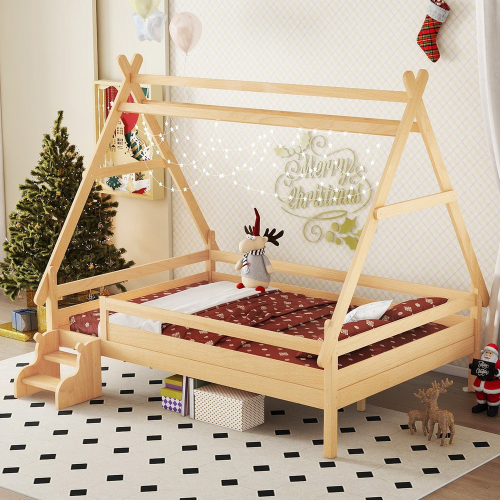 English Elm Twin House Shaped Platform Bed Solid Pine Frame with Built in Stairs for Kids Natural W1580P354721