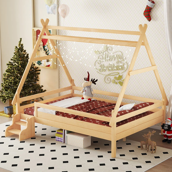 English Elm Twin House Shaped Platform Bed Solid Pine Frame with Built in Stairs for Kids Natural W1580P354721