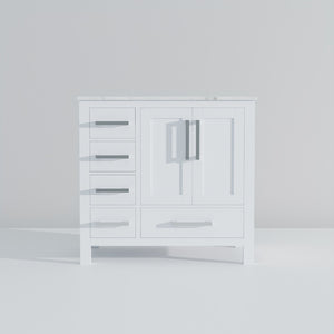 English Elm White Bath Vanity 36" W X 22" D With Right Offset Sink, Elegant Carrara Marble Top & Storage Solutions B2731P258809-GIGA