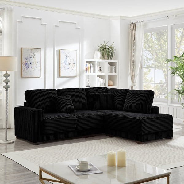 English Elm 93" Sectional Sofa L-Shaped Upholstered Corduroy 3-Seater with Reversible Chaise, Solid Wood Frame, Plush Coil-Foam Cushions Black W1097S00223