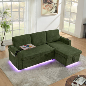 English Elm Modern Chenille Sofa Bed With Retractable Table, Led Lights, Usb Ports & Cup Holders – Green Comfort W1413S00097