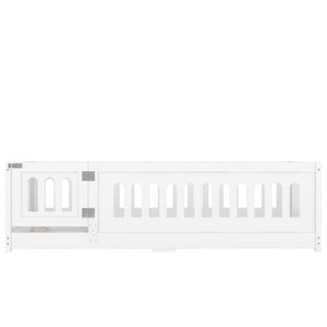 English Elm Twin Size Floor Bed With Safe Guardrails & Playful Door - Solid Wood Bedframe For Kids’ Rooms W1820P240538-GIGA