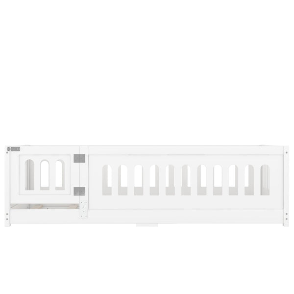 English Elm Twin Size Floor Bed With Safe Guardrails & Playful Door - Solid Wood Bedframe For Kids’ Rooms W1820P240538-GIGA