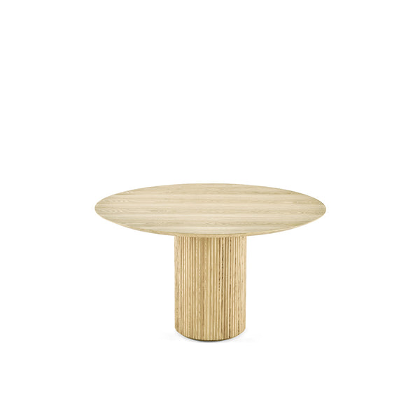 English Elm Fluted Piper Natural Wood Round Dining Table — Ash Top, Fluted Pillar Base, Warm Curved Silhouette, 56" Diameter B353S00001