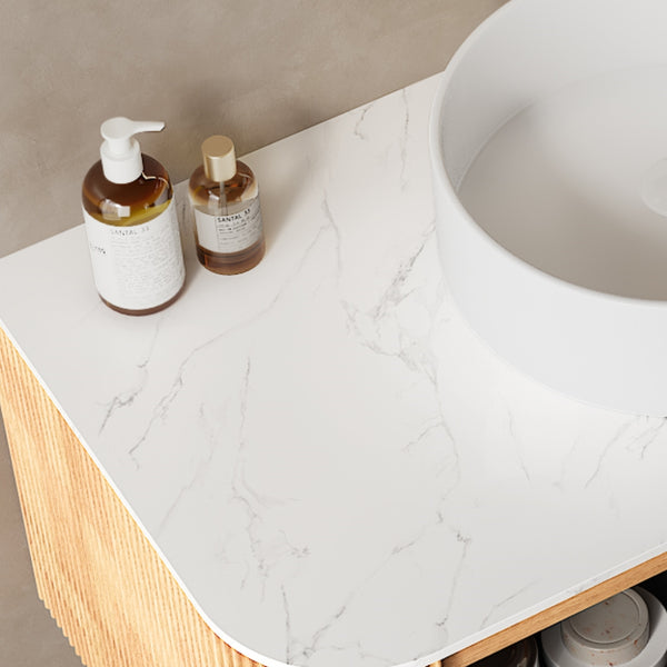 English Elm Dina Sintered Stone Bathroom Countertop Carrara Marble Look Polished Curved Edge 48 Inch W2615P336293