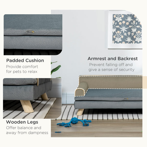 English Elm PawHut Plush Foam Large Dog Couch with Removable Washable Cover, Elevated Wooden-Leg Sofa Bed Grey W2225P217303