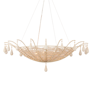 Korg Chandelier - Elegant Beige Coastal Lighting with Wooden Beads & Wrought Iron Frame, 42.25" Dia
