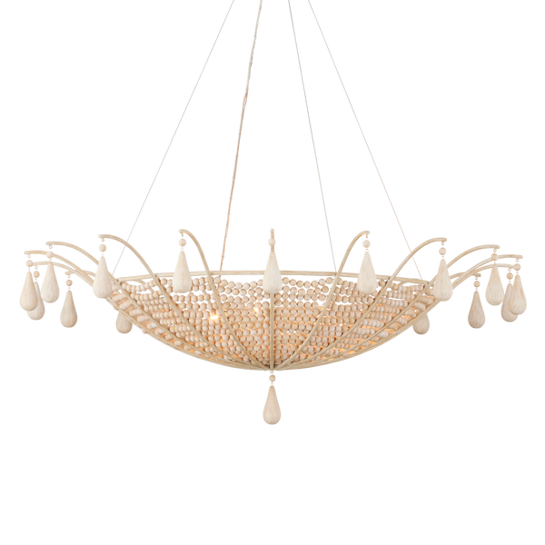 Korg Chandelier - Elegant Beige Coastal Lighting with Wooden Beads & Wrought Iron Frame, 42.25" Dia