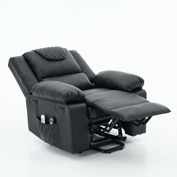 English Elm Black PU Remote-Controlled Heating Massage Recliner for Seniors with Assist Lift, Cup Tray, Remote Control W570P320457