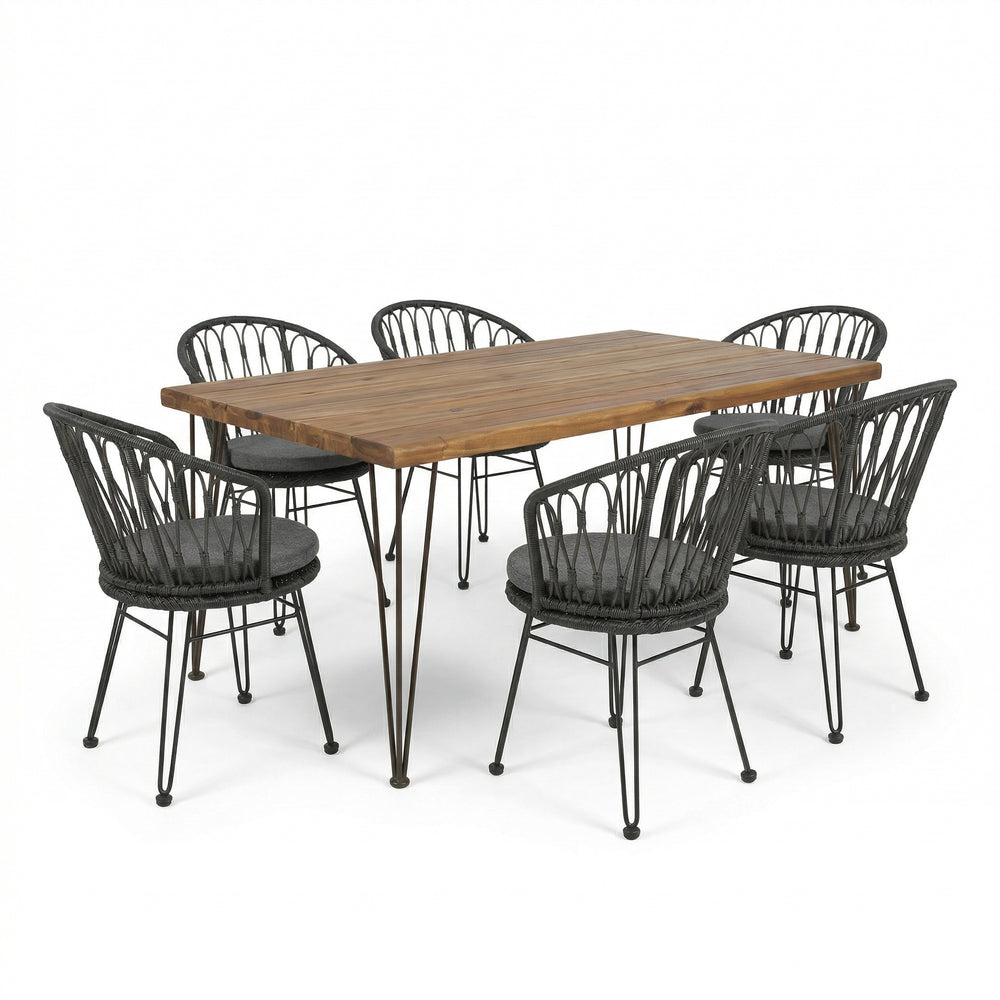 English Elm 7 Piece Outdoor Dining Set Acacia Wood Table Pe Rattan Chairs Patio Backyard N762S000014AAE