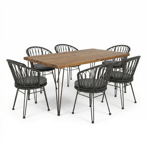 English Elm 7 Piece Outdoor Dining Set Acacia Wood Table Pe Rattan Chairs Patio Backyard N762S000014AAE