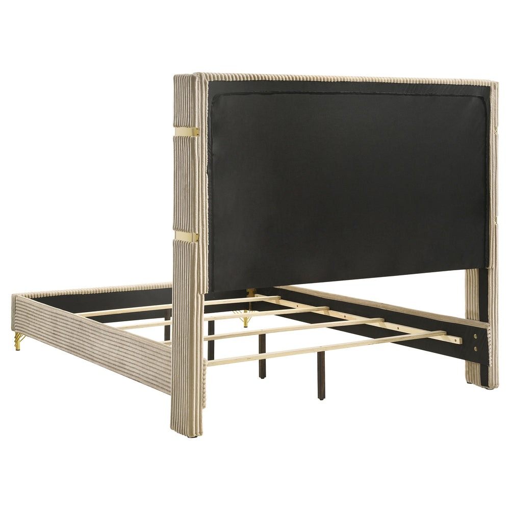 English Elm Malcolm Beige Upholstered Queen Bed with Glam Gold Bands, Plush Channeled Wingback Headboard, Modern Airy Design B062S01342