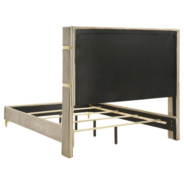 English Elm Malcolm Beige Upholstered Queen Bed with Glam Gold Bands, Plush Channeled Wingback Headboard, Modern Airy Design B062S01342
