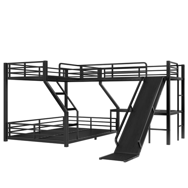 English Elm L-Shaped Triple Bunk Bed With Slide & Usb Ports - Space-Saving Metal Design For Modern Families W1580S00276