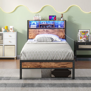 English Elm Twin Metal Platform Bed with RGB Headboard Lights, Charging Station, Bookcase & Under-Bed Storage W840P294072