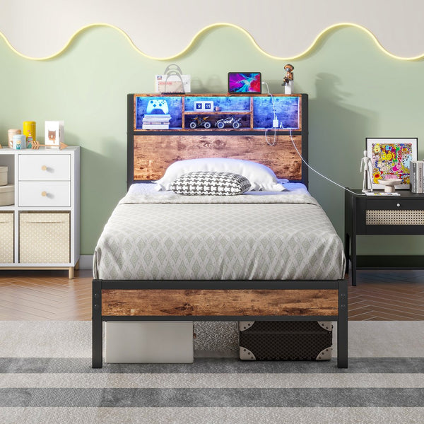 English Elm Twin Metal Platform Bed with RGB Headboard Lights, Charging Station, Bookcase & Under-Bed Storage W840P294072